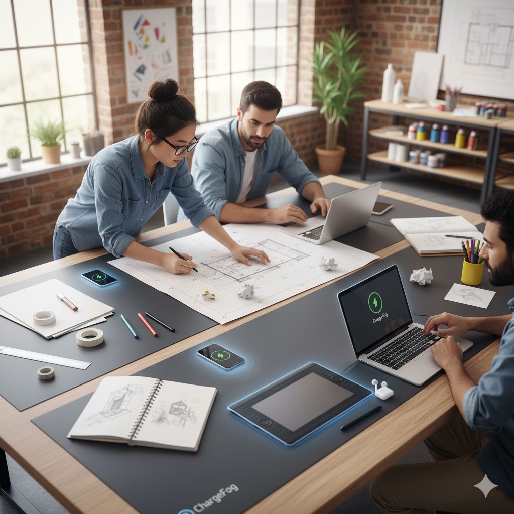Design studio workspace with Charge Fog pads
