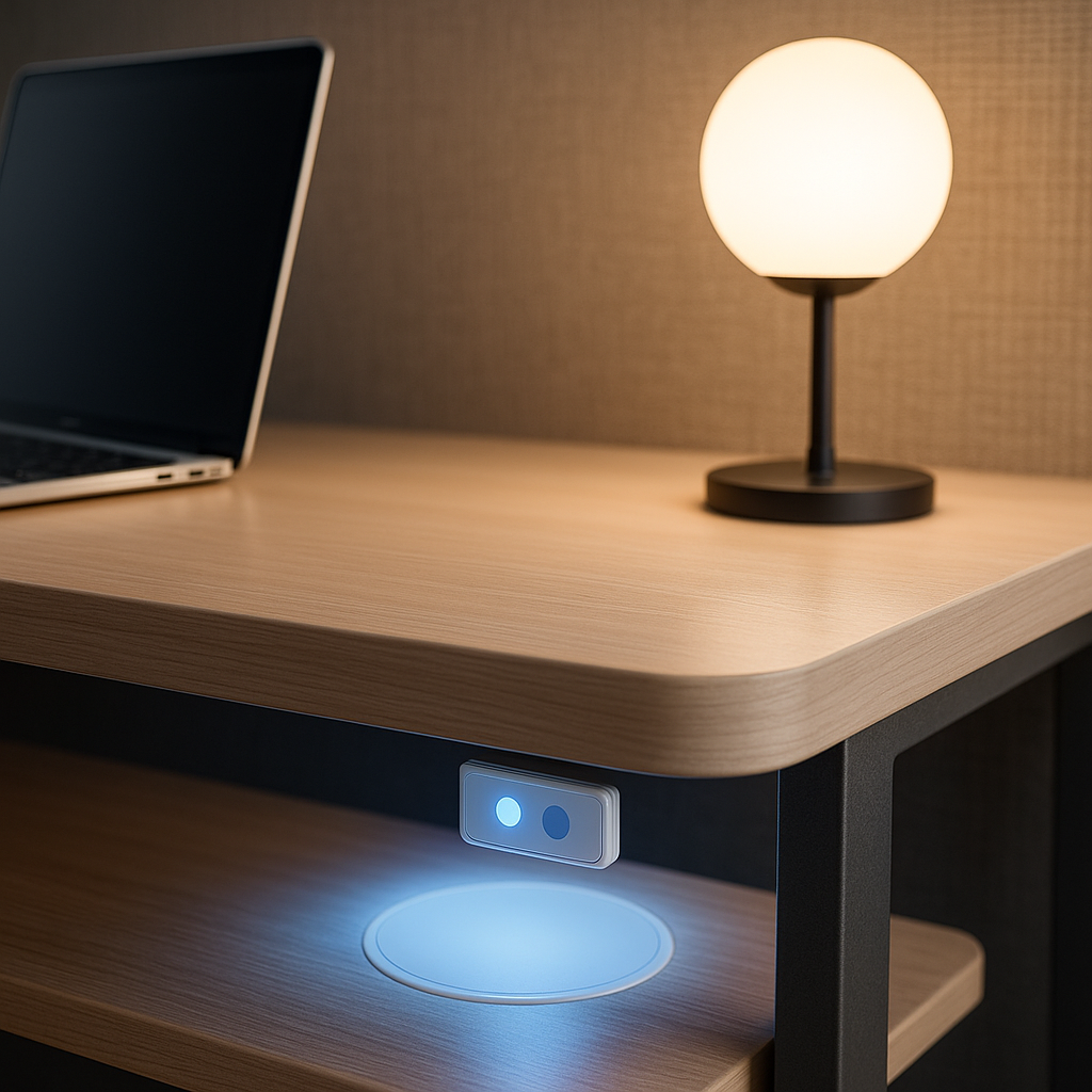 Hotel lounge using ambient wireless power fields by ChargeFog, with devices charging invisibly