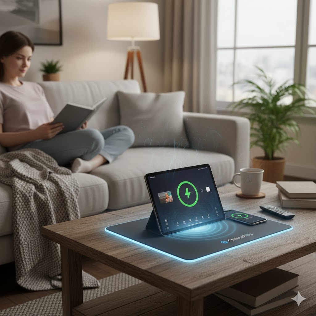 Living room with Charge Fog pad on coffee table