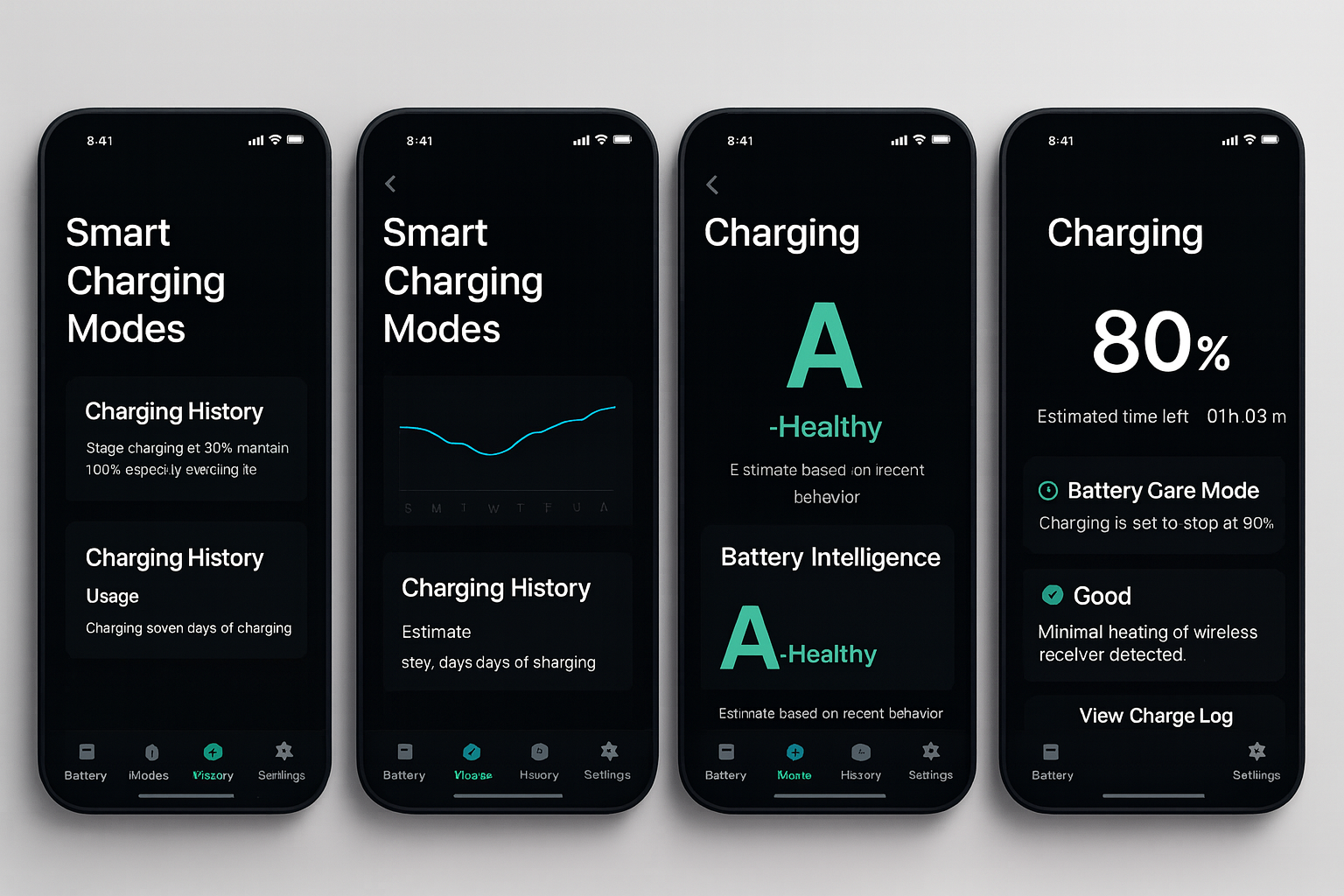 Charge Fog app showing battery health, smart charging modes, and charging history on a smartphone screen