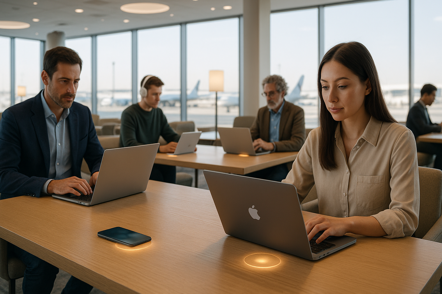 Travelers working in an airport lounge where laptops charge wirelessly on tables—no cables, clean modern setting.