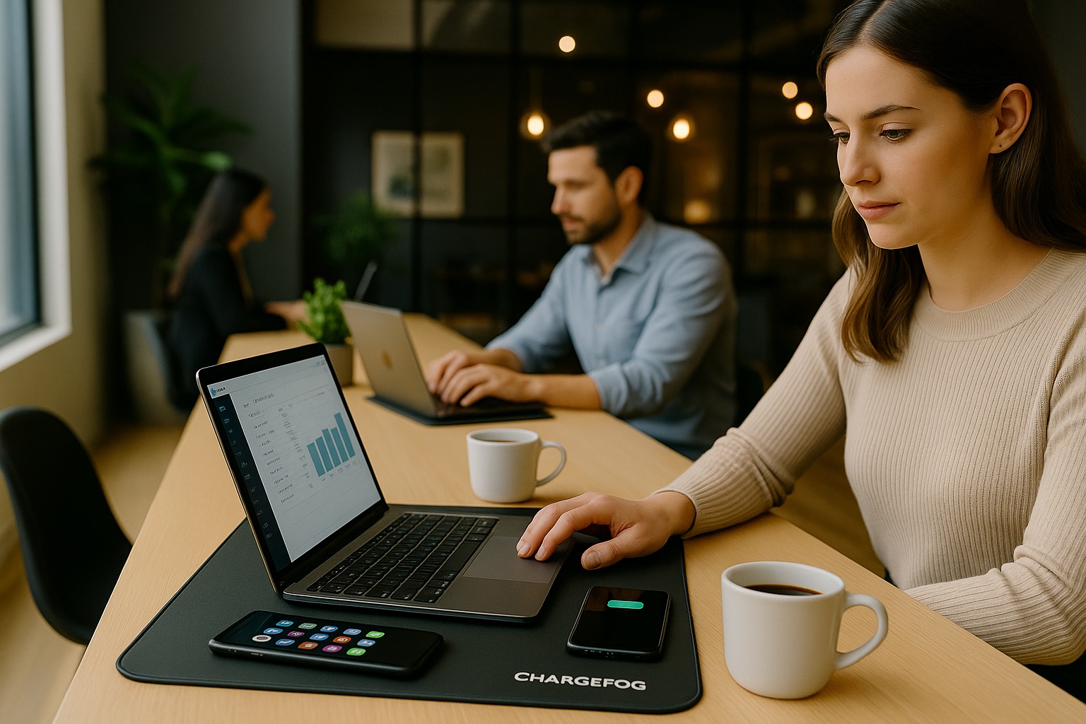 Two people working with Charge Fog pads in shared workspace