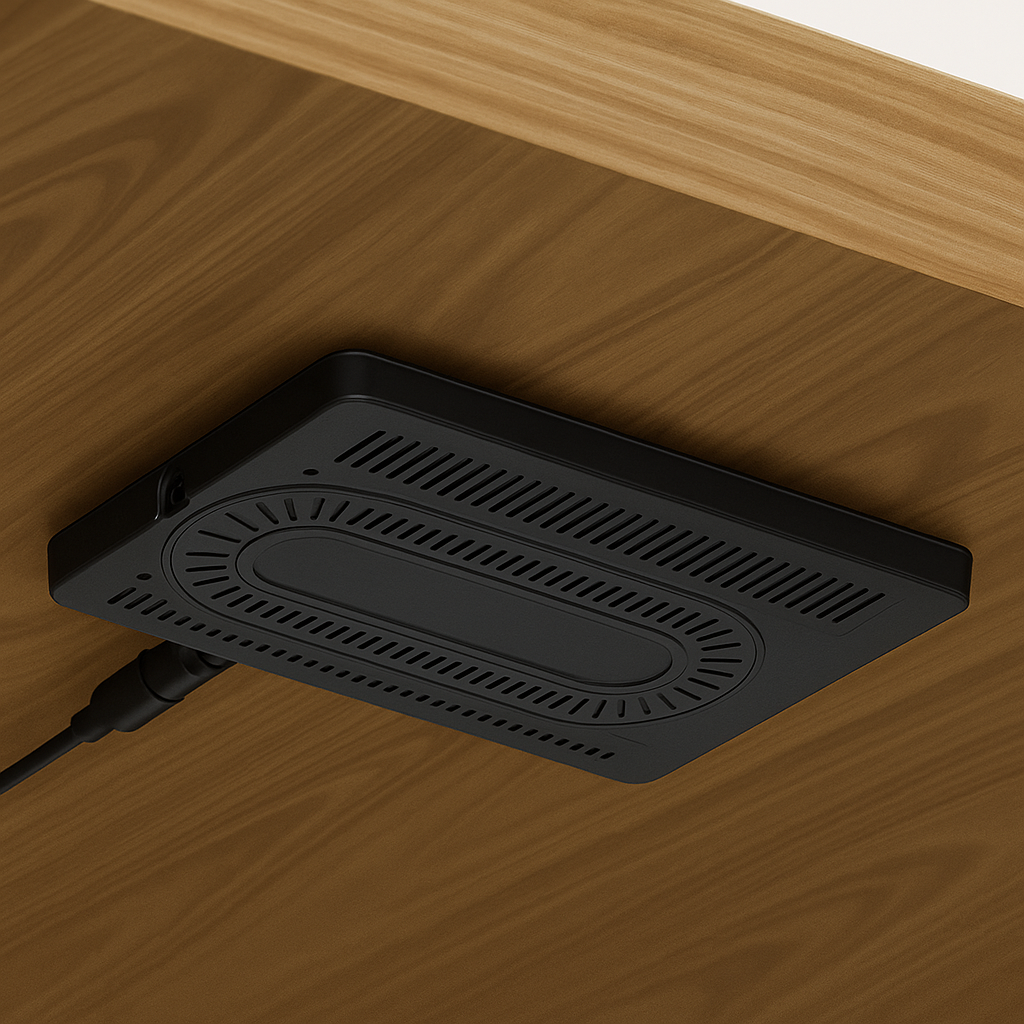 Halo transmitter mounted under desk powering Charge Fog pad above