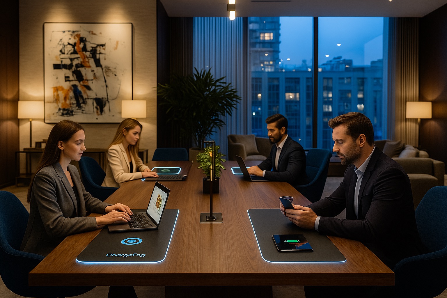 Team using Charge Fog pads in a conference room