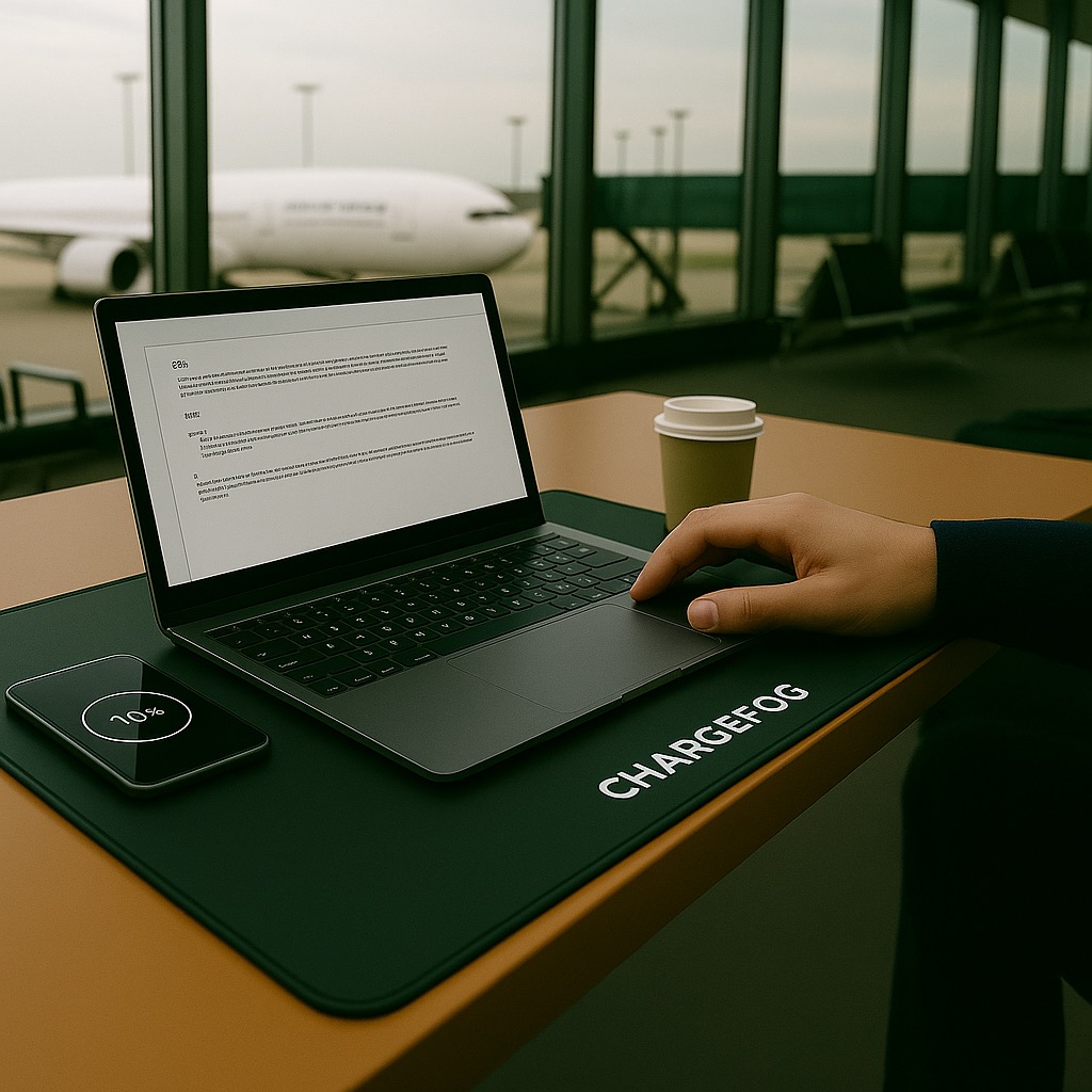 Laptop charging on Charge Fog pad at airport gate