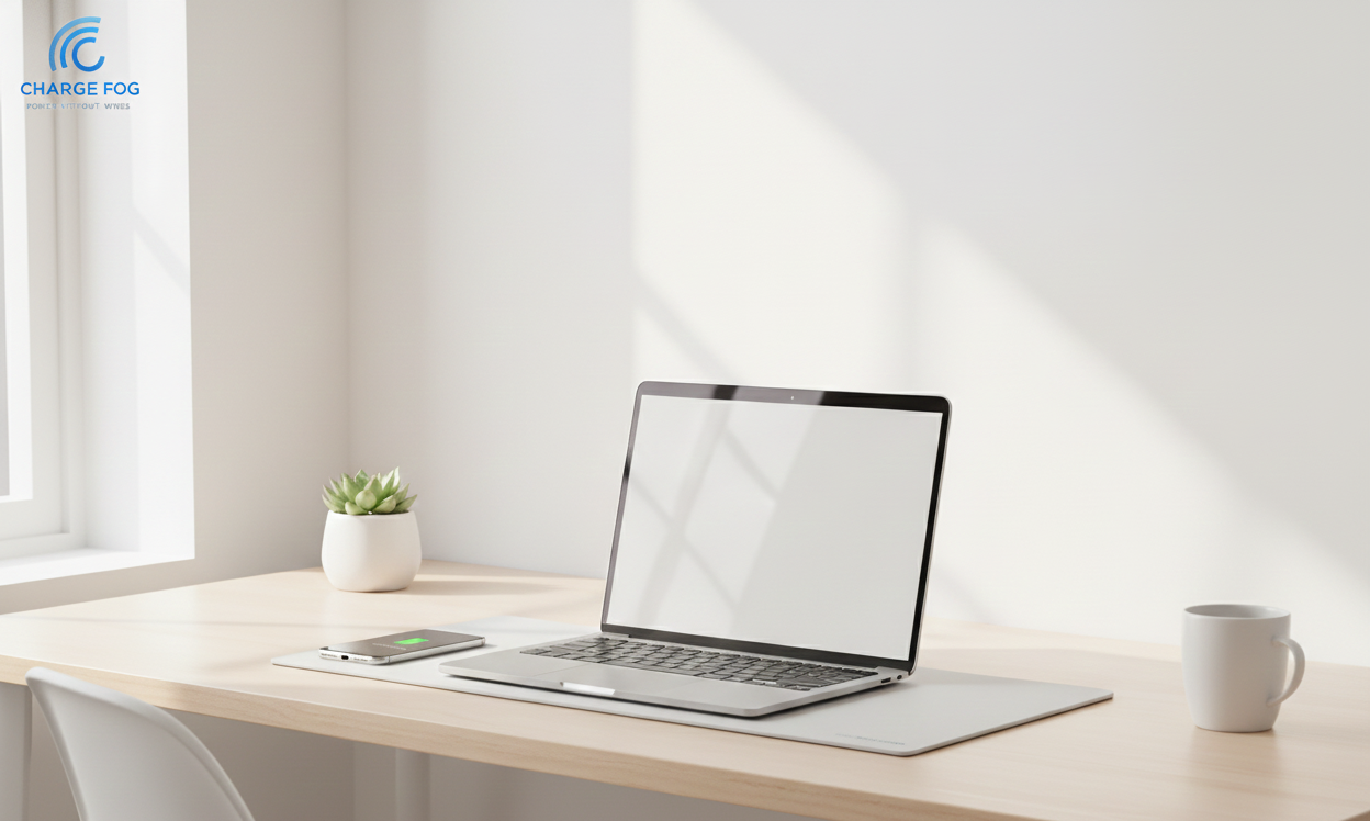 Minimal, cable-free desk powered by Charge Fog