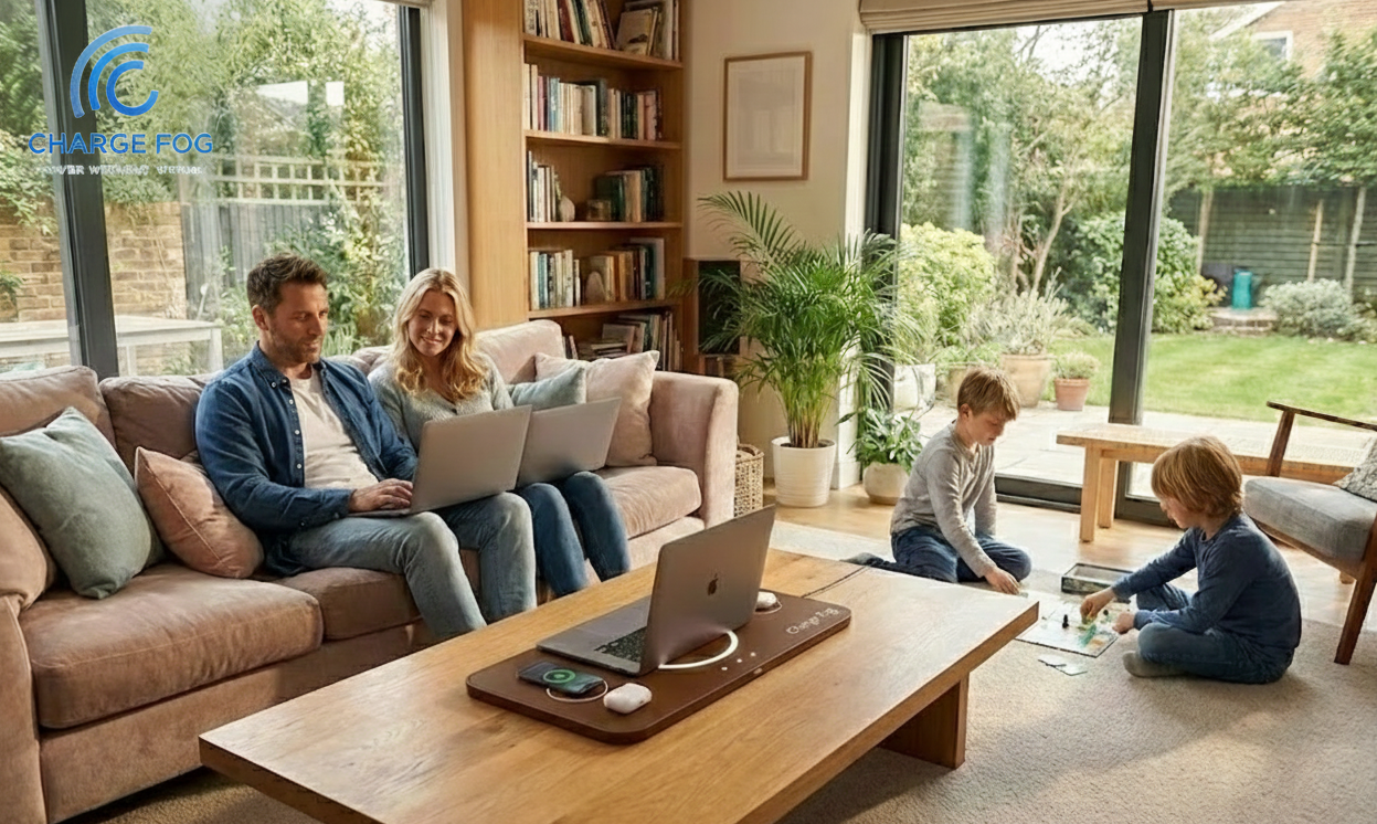 Family using Charge Fog wireless laptop charging in a living room