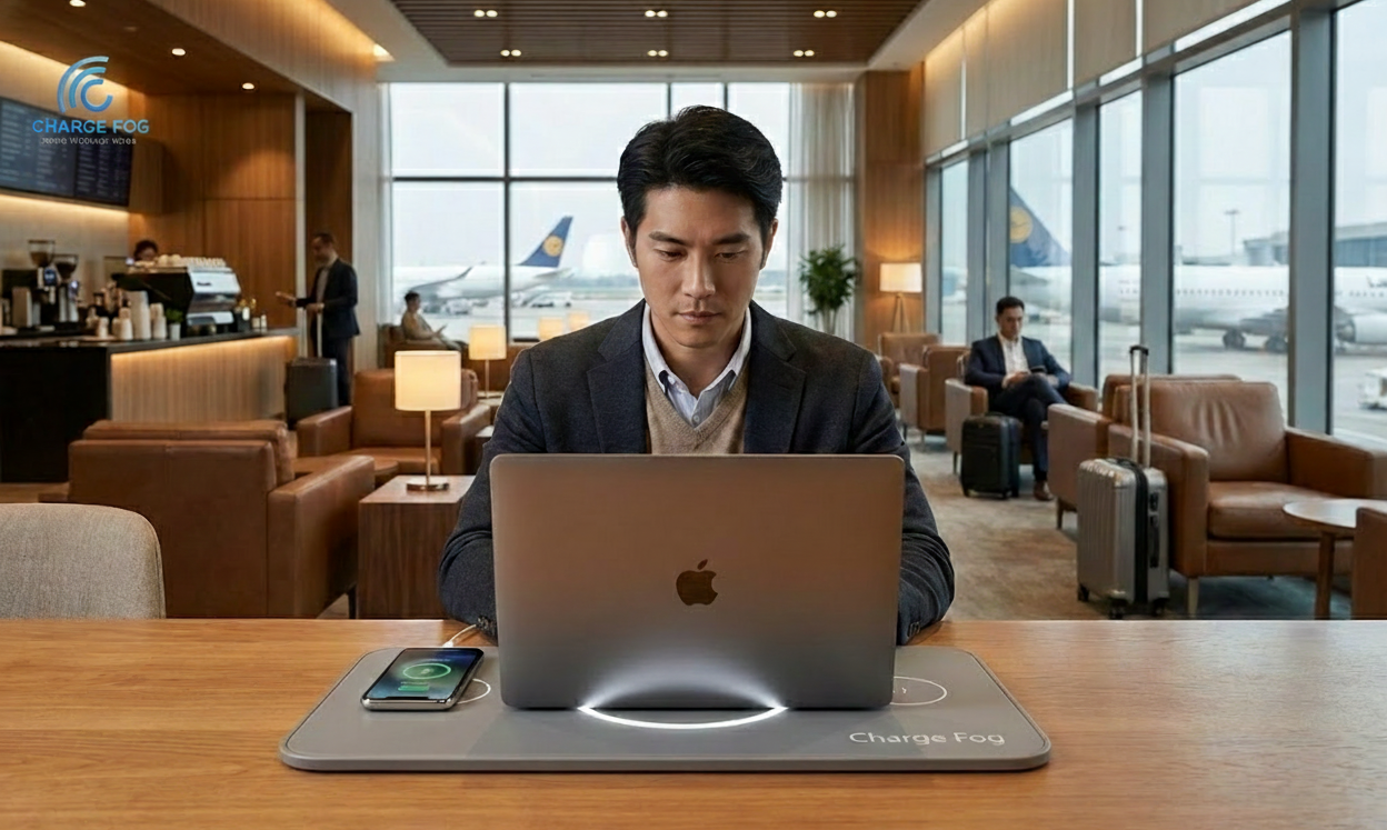 Business traveller using Charge Fog at an airport lounge