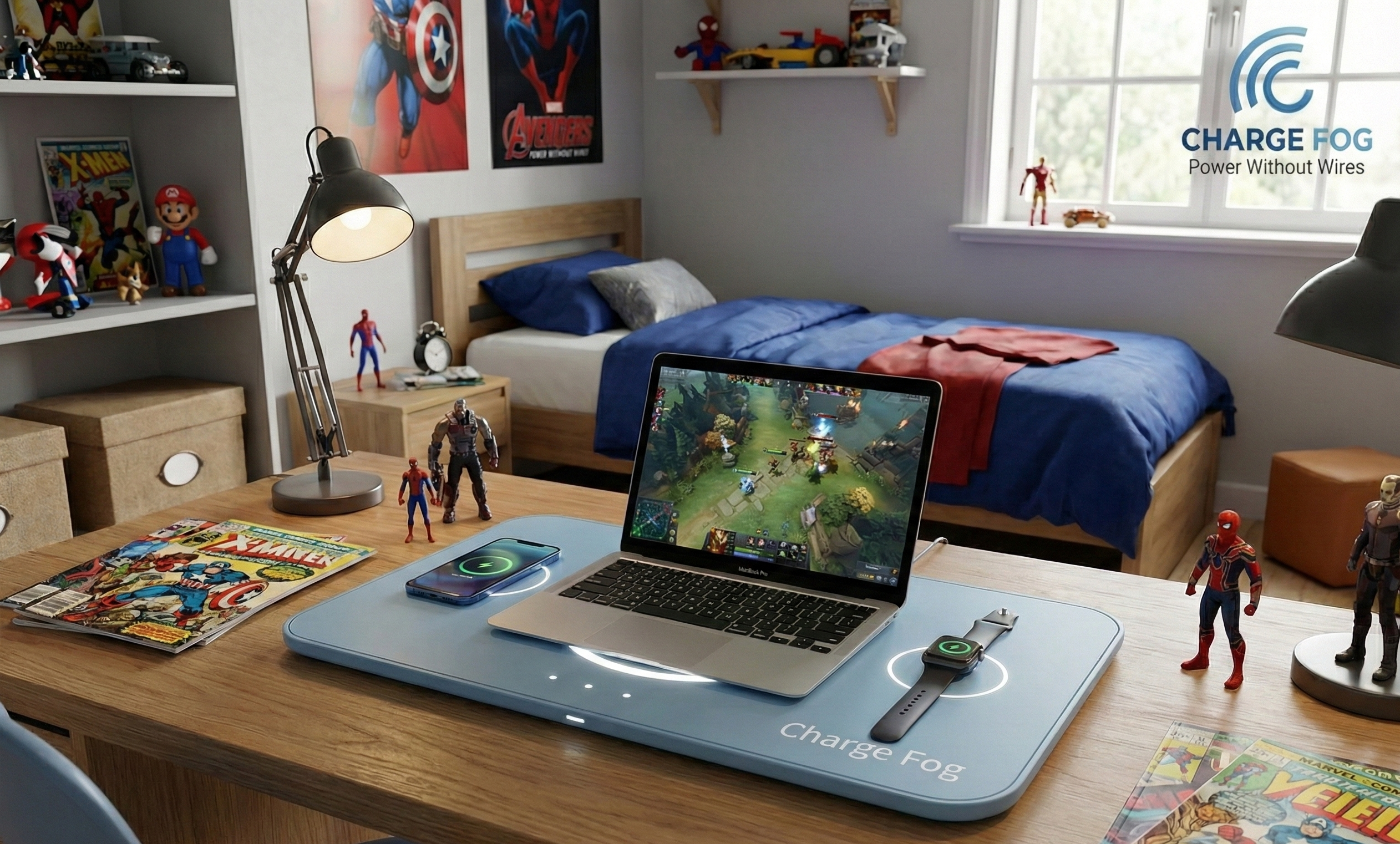 Bedroom desk with laptop charging wirelessly on a Charge Fog pad