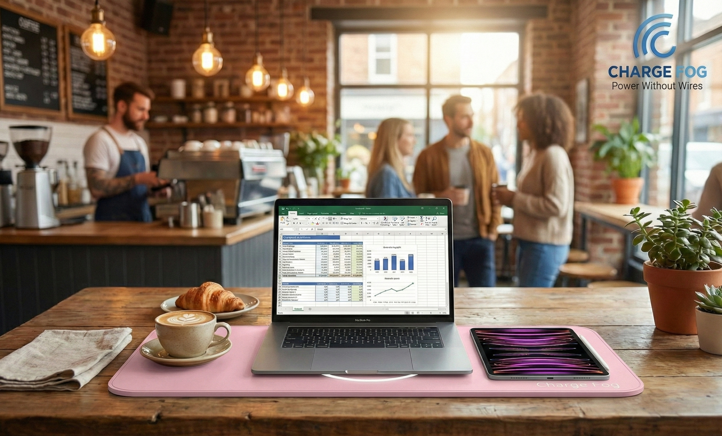Charge Fog wireless laptop pad in a coffee shop