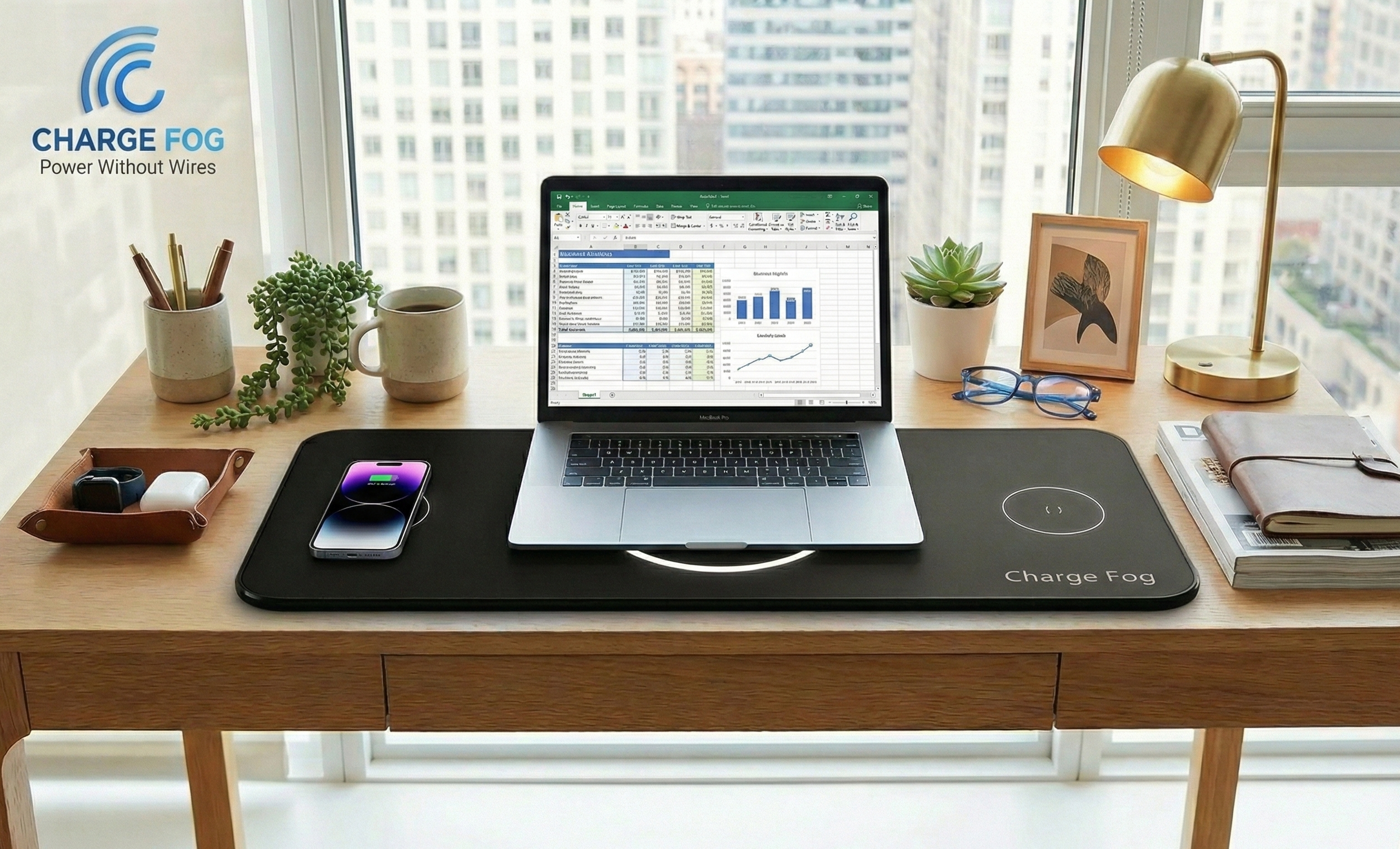 Charge Fog wireless laptop charging in a modern office workspace