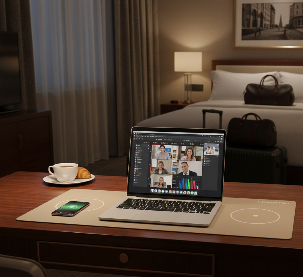 Charge Fog wireless charging pad in a hotel room