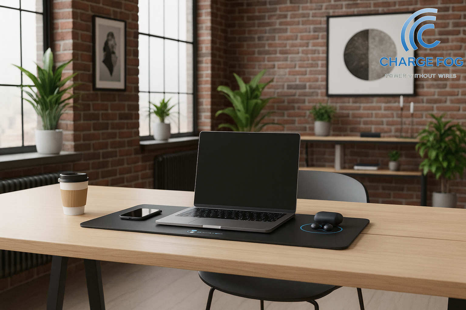 Modern startup workspace using Charge Fog wireless laptop charging
