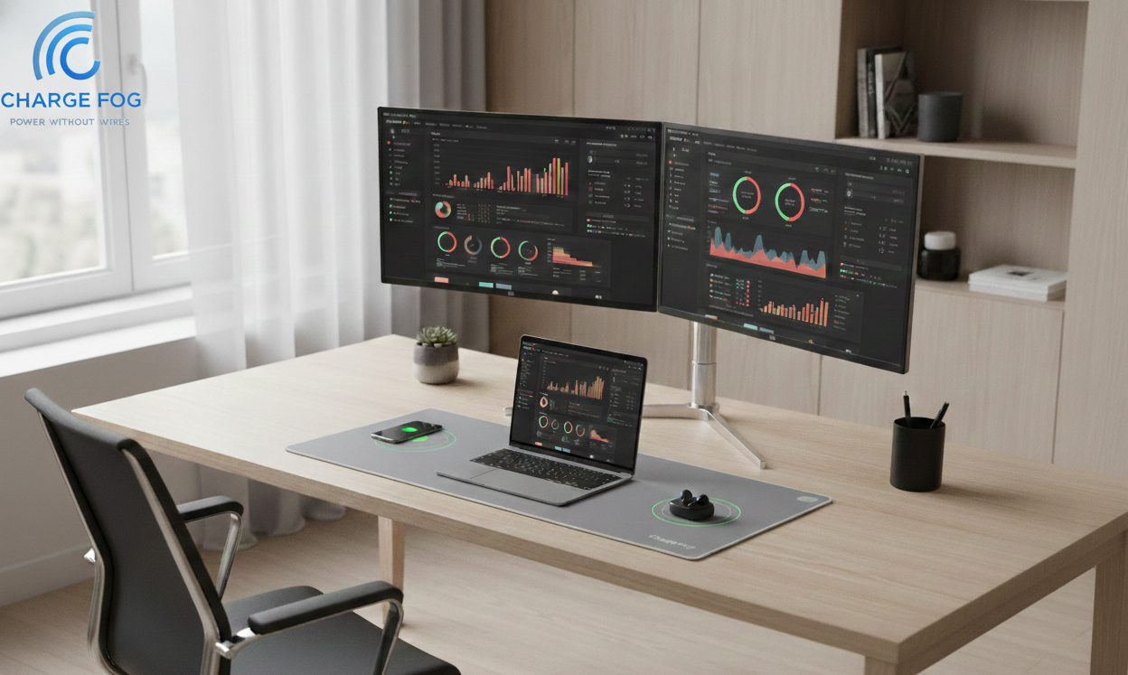 Charge Fog pad charging a laptop in a bright office