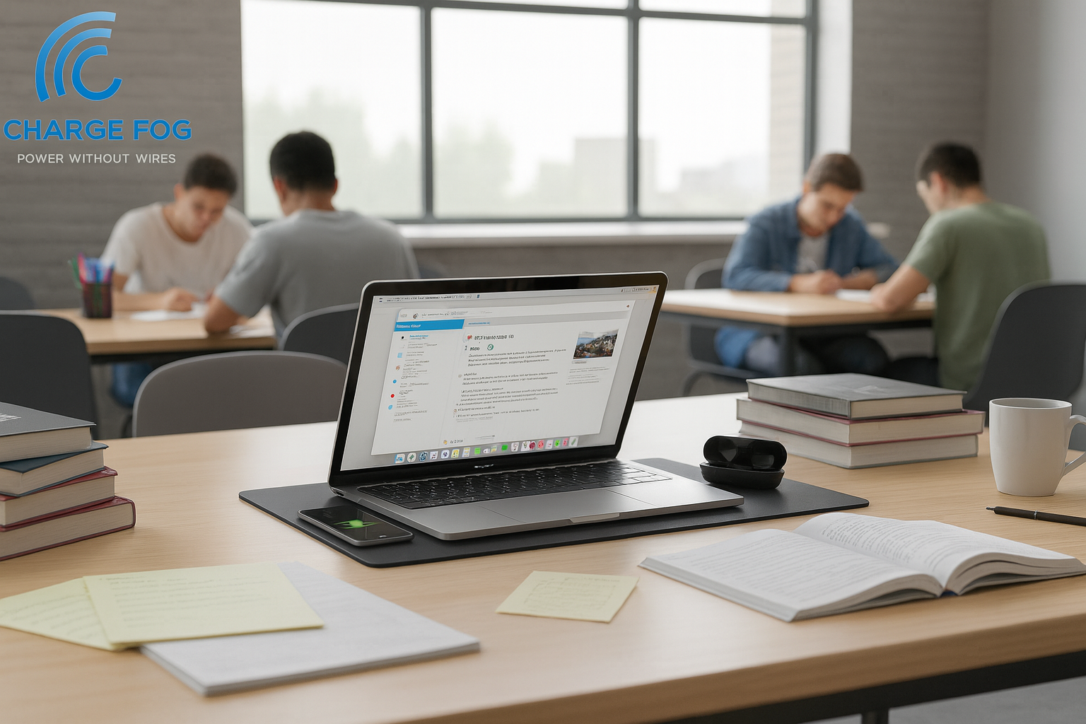 Study hall work tables powered wirelessly by Charge Fog pads