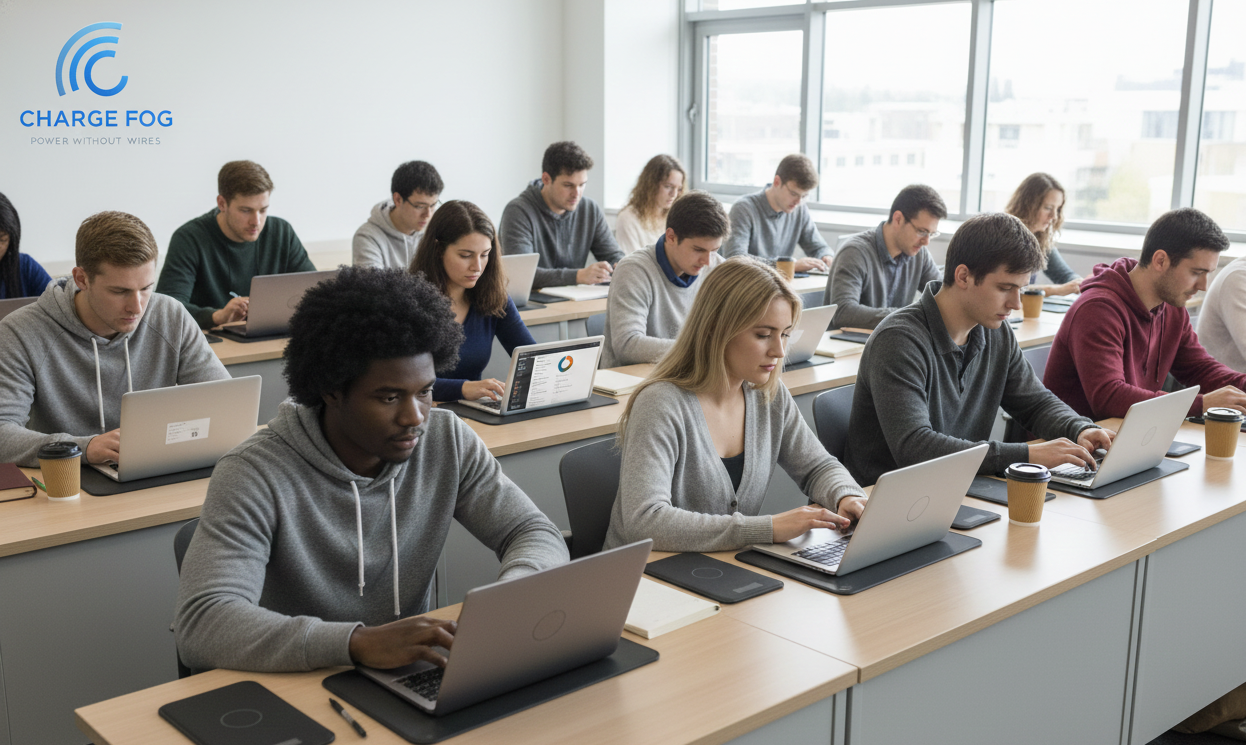 University classroom with laptops charging wirelessly on Charge Fog pads